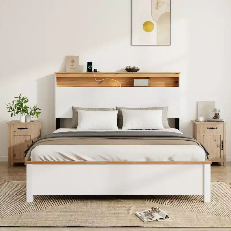 All-Wood Rustic Farmhouse Bed Frame with Storage Headboard and Built-In USB Charging Station, Easy Assembly, Classic White