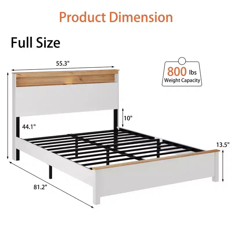 Cadre de lit rustique en bois massif style ferme avec tête de lit de rangement et station de recharge USB intégrée, assemblage facile, blanc classique