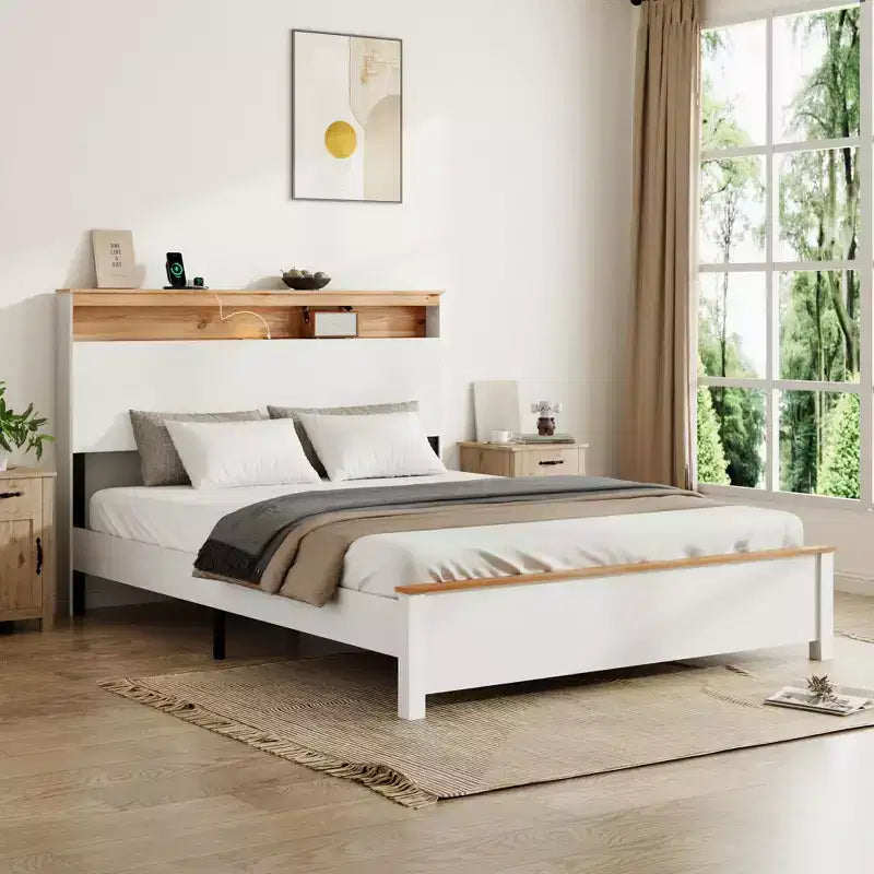 Cadre de lit rustique en bois massif style ferme avec tête de lit de rangement et station de recharge USB intégrée, assemblage facile, blanc classique