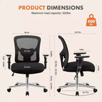 Chaise de bureau moderne Okak en maille réglable avec accoudoirs et soutien lombaire, chaise de bureau ergonomique pivotante pour le bureau et l'étude