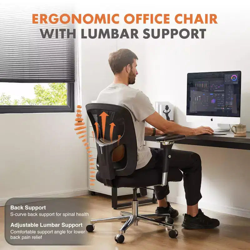 Chaise de bureau moderne Okak en maille réglable avec accoudoirs et soutien lombaire, chaise de bureau ergonomique pivotante pour le bureau et l'étude