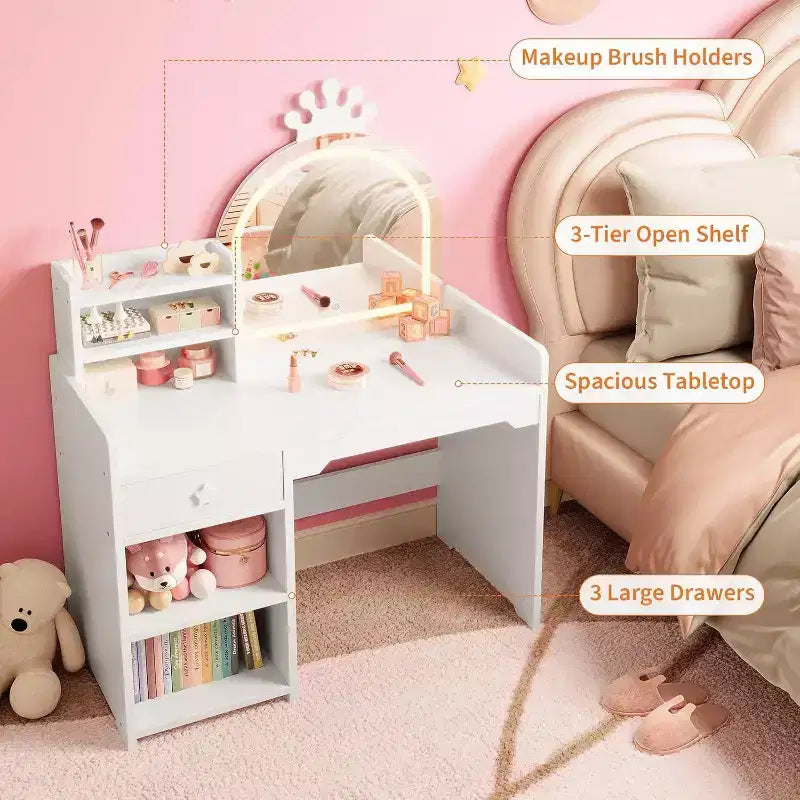 Coiffeuse Acekool pour enfants avec miroir éclairé par LED, table et chaise de princesse 2 en 1 avec étagère à livres, meuble de rangement et étagères pour filles
