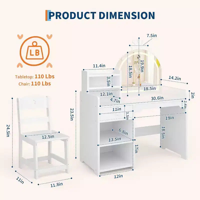 Coiffeuse Acekool pour enfants avec miroir éclairé par LED, table et chaise de princesse 2 en 1 avec étagère à livres, meuble de rangement et étagères pour filles