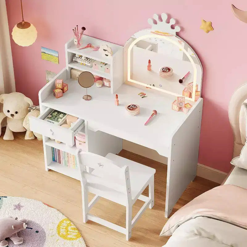 Coiffeuse Acekool pour enfants avec miroir éclairé par LED, table et chaise de princesse 2 en 1 avec étagère à livres, meuble de rangement et étagères pour filles