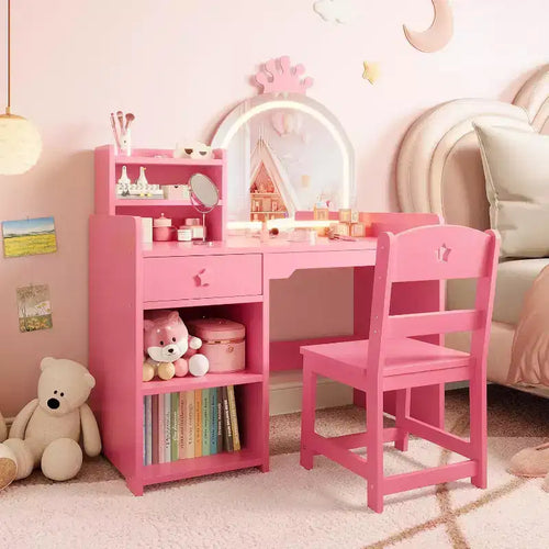 Coiffeuse Acekool pour enfants avec miroir éclairé par LED, table et chaise de princesse 2 en 1 avec étagère à livres, meuble de rangement et étagères pour filles