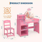 Coiffeuse Acekool pour enfants avec miroir éclairé par LED, table et chaise de princesse 2 en 1 avec étagère à livres, meuble de rangement et étagères pour filles