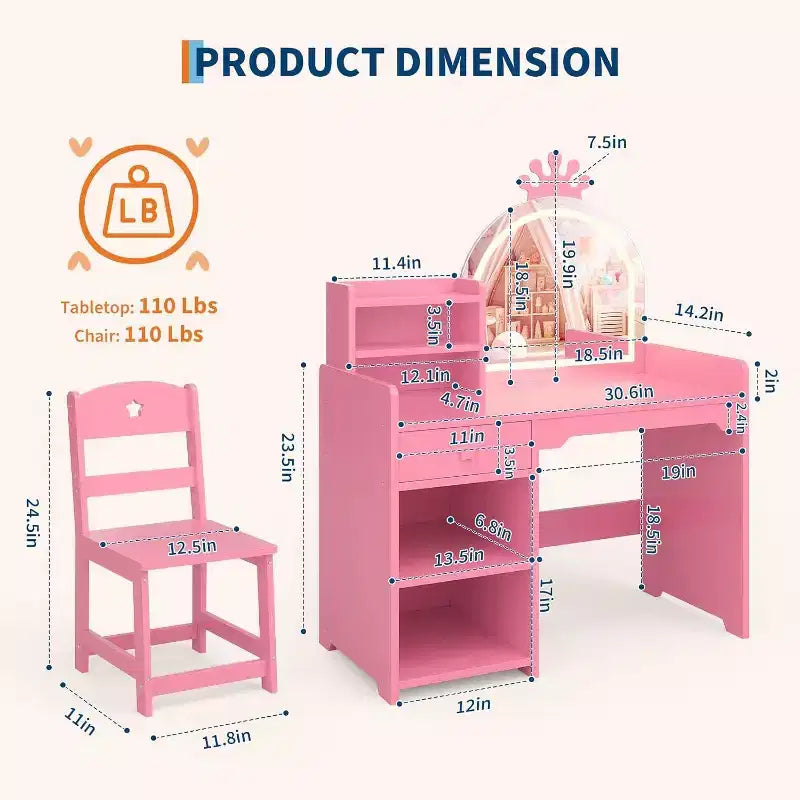 Coiffeuse Acekool pour enfants avec miroir éclairé par LED, table et chaise de princesse 2 en 1 avec étagère à livres, meuble de rangement et étagères pour filles