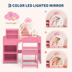 Coiffeuse Acekool pour enfants avec miroir éclairé par LED, table et chaise de princesse 2 en 1 avec étagère à livres, meuble de rangement et étagères pour filles