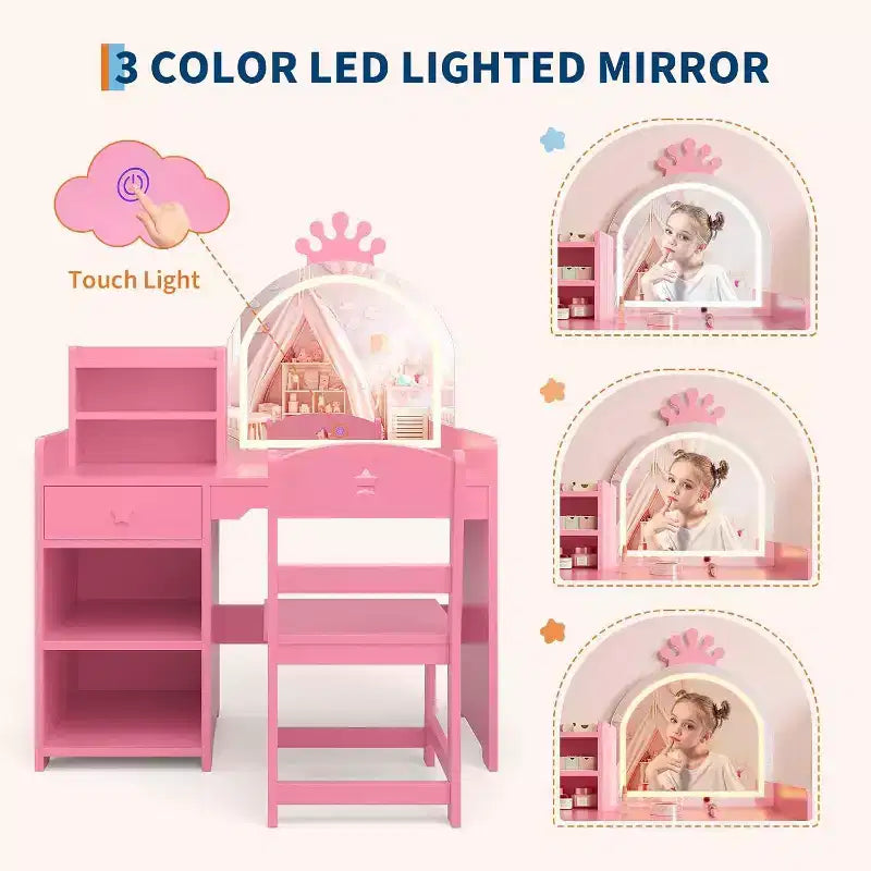 Coiffeuse Acekool pour enfants avec miroir éclairé par LED, table et chaise de princesse 2 en 1 avec étagère à livres, meuble de rangement et étagères pour filles