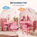Coiffeuse Acekool pour enfants avec miroir éclairé par LED, table et chaise de princesse 2 en 1 avec étagère à livres, meuble de rangement et étagères pour filles