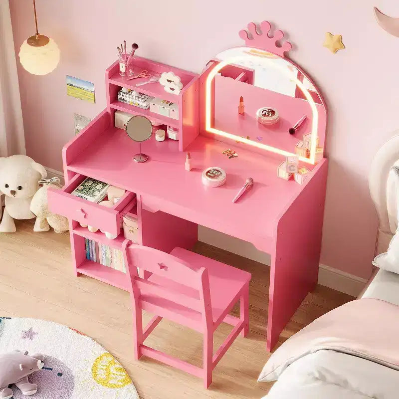 Coiffeuse Acekool pour enfants avec miroir éclairé par LED, table et chaise de princesse 2 en 1 avec étagère à livres, meuble de rangement et étagères pour filles