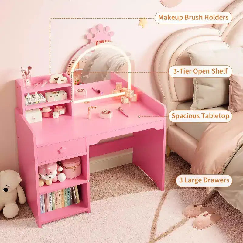 Coiffeuse Acekool pour enfants avec miroir éclairé par LED, table et chaise de princesse 2 en 1 avec étagère à livres, meuble de rangement et étagères pour filles