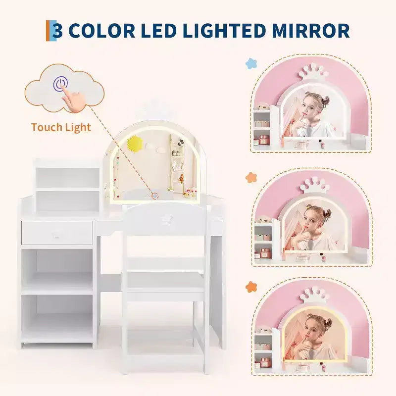 Coiffeuse Acekool pour enfants avec miroir éclairé par LED, table et chaise de princesse 2 en 1 avec étagère à livres, meuble de rangement et étagères pour filles
