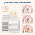 Coiffeuse Acekool pour enfants avec miroir éclairé par LED, table et chaise de princesse 2 en 1 avec étagère à livres, meuble de rangement et étagères pour filles