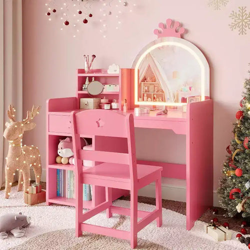 Acekool Kids Vanity Set with LED Lighted Mirror, 2-in-1 Princess Vanity Table and Chair with Bookshelf, Storage Cabinet & Shelves for Girls