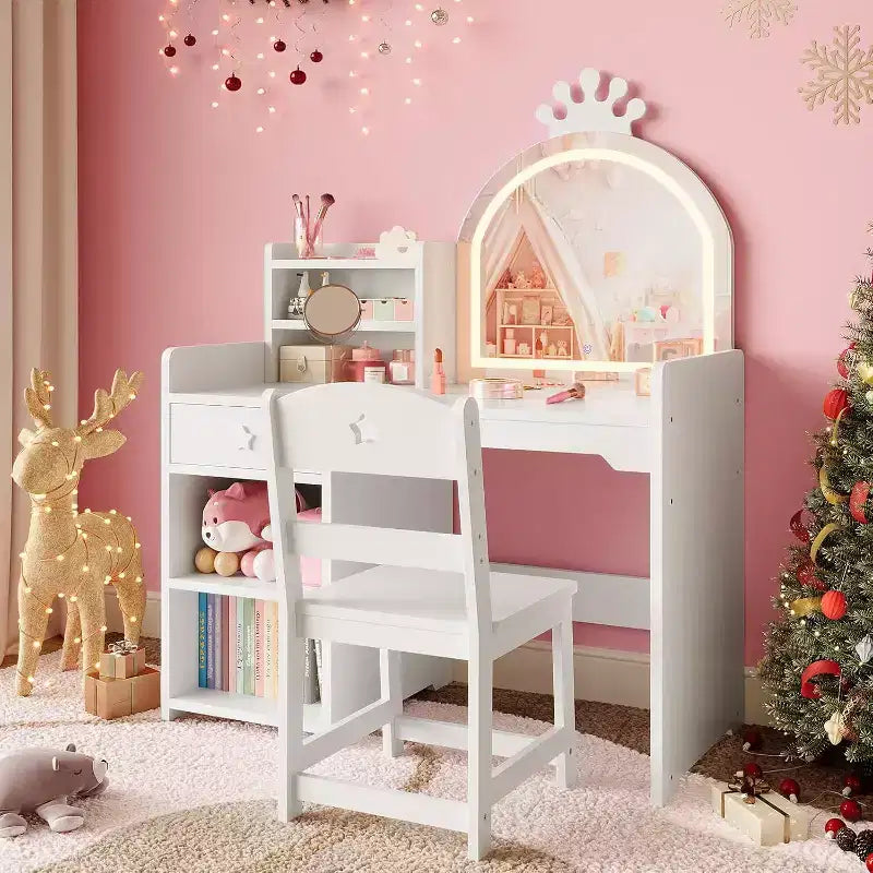 Coiffeuse Acekool pour enfants avec miroir éclairé par LED, table et chaise de princesse 2 en 1 avec étagère à livres, meuble de rangement et étagères pour filles