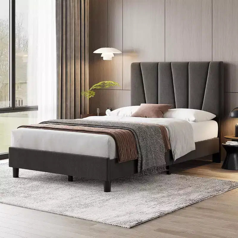 Acekool Adjustable Headboard Upholstered Twin Bed Frame, Linen, Platform Bed, Wooden Slats, Modern Low Profile