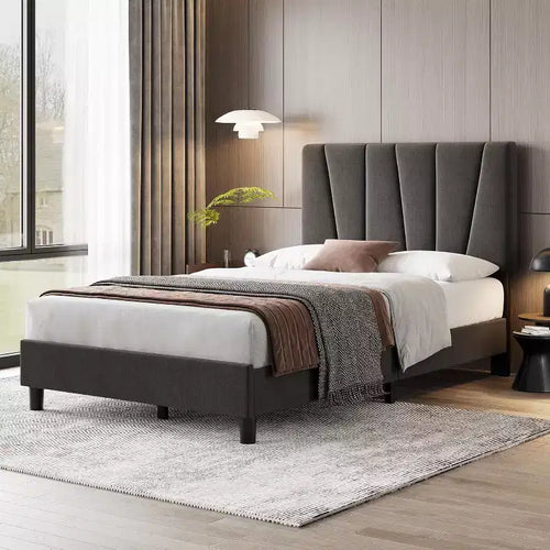 Acekool Adjustable Headboard Upholstered Twin Bed Frame, Linen, Platform Bed, Wooden Slats, Modern Low Profile