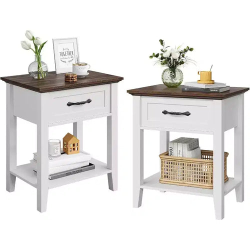 Acekool Nightstand Set of 2, White End Tables with Drawer and 2-Tier Storage Shelves, Side Tables for Bedroom, Living Room, Dorm