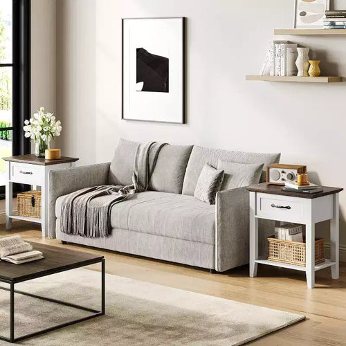Acekool Lot de 2 tables de chevet, tables d'appoint blanches avec tiroir et étagères de rangement à 2 niveaux, tables d'appoint pour chambre à coucher, salon, dortoir