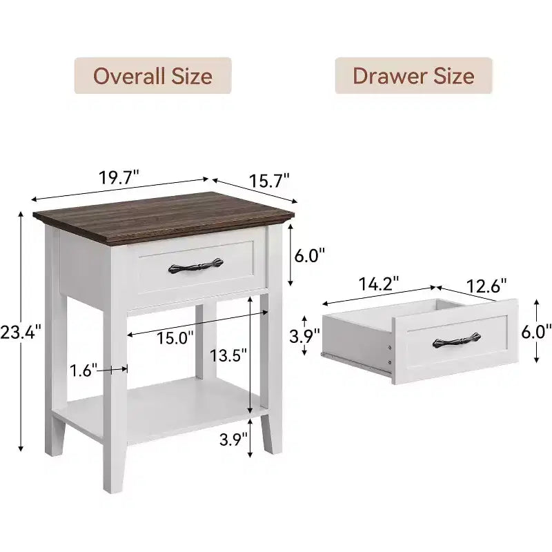 Acekool Lot de 2 tables de chevet, tables d'appoint blanches avec tiroir et étagères de rangement à 2 niveaux, tables d'appoint pour chambre à coucher, salon, dortoir