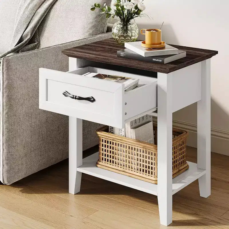 Acekool Lot de 2 tables de chevet, tables d'appoint blanches avec tiroir et étagères de rangement à 2 niveaux, tables d'appoint pour chambre à coucher, salon, dortoir