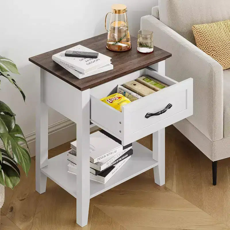 Acekool Lot de 2 tables de chevet, tables d'appoint blanches avec tiroir et étagères de rangement à 2 niveaux, tables d'appoint pour chambre à coucher, salon, dortoir