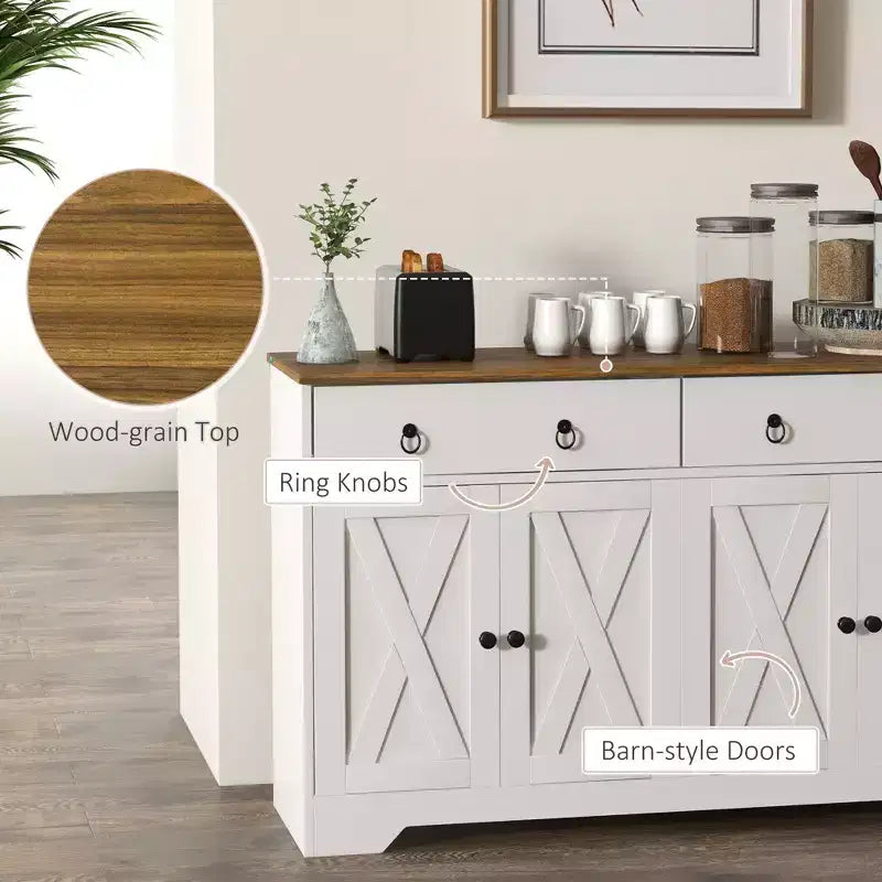 Bahut de ferme Okak, Buffet avec 4 portes et 2 tiroirs, Meuble de rangement pour salon, salle à manger, cuisine, Blanc
