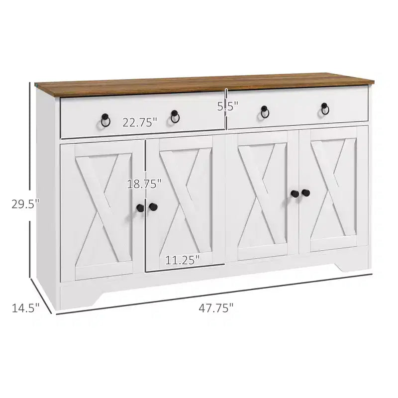 Bahut de ferme Okak, Buffet avec 4 portes et 2 tiroirs, Meuble de rangement pour salon, salle à manger, cuisine, Blanc