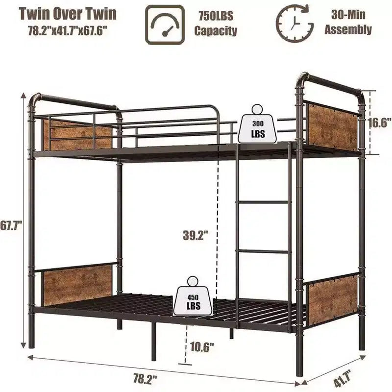 Coolmee Lit superposé jumeau sur jumeau, Lits superposés en métal avec barrières de sécurité et échelle intégrée, Convertible en 2 cadres de lit pour enfants et adolescents