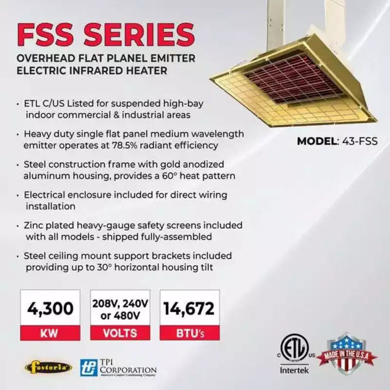 Chauffage électrique infrarouge suspendu Fostoria, 1 ou 3 phases, aluminium, 240V CA
