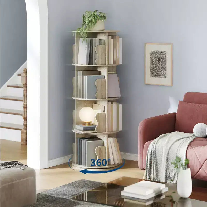 Étagère à Livres Pivotante, Bibliothèque sur Pied à 4 Niveaux avec Rangement, Petite Bibliothèque Rotative de 127 cm de Haut pour Chambre et Salon à Petit Espace