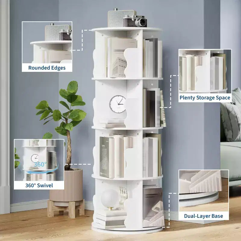 Étagère à Livres Pivotante, Bibliothèque sur Pied à 4 Niveaux avec Rangement, Petite Bibliothèque Rotative de 127 cm de Haut pour Chambre et Salon à Petit Espace