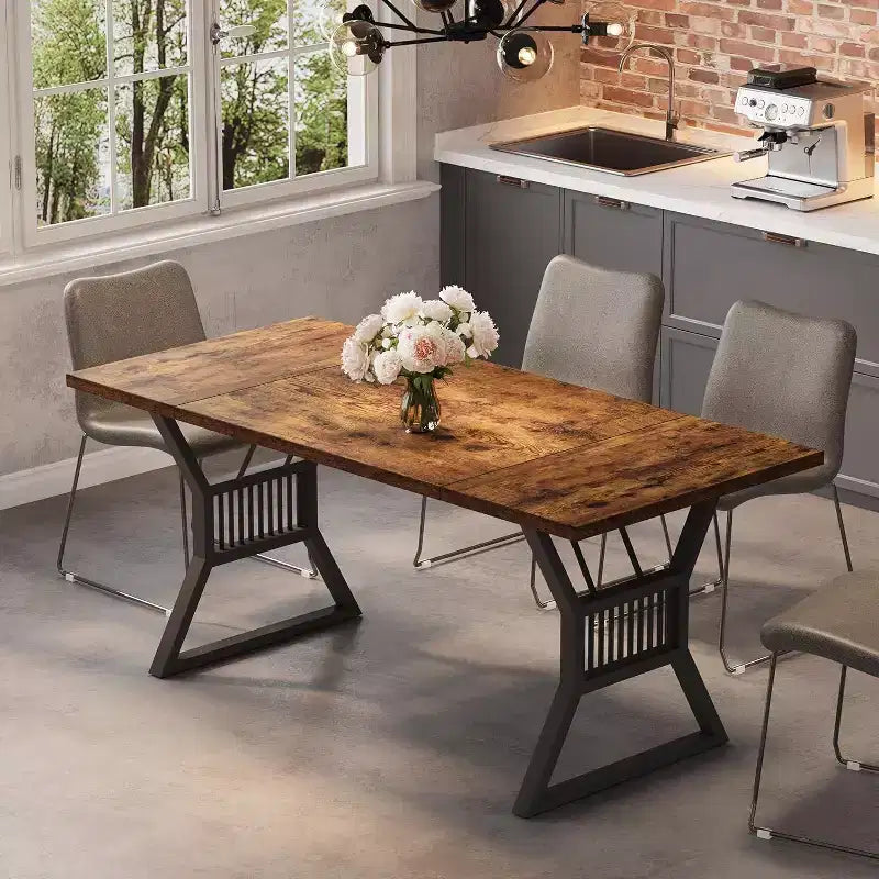 Acekool 70.8 Table pour 6 personnes - Placage Chêne, Cadre en Acier et Design Spacieux, Chêne Chaud
