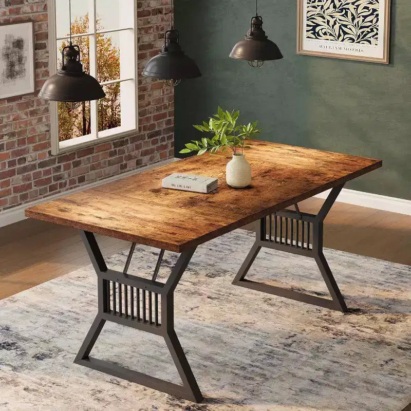 Acekool 70.8 Table pour 6 personnes - Placage Chêne, Cadre en Acier et Design Spacieux, Chêne Chaud