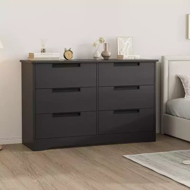 Commode à 6 tiroirs pour chambre, commode moderne noire à 6 tiroirs avec poignées intégrées, commode de rangement en bois pour salon, chambre de bébé, couloir