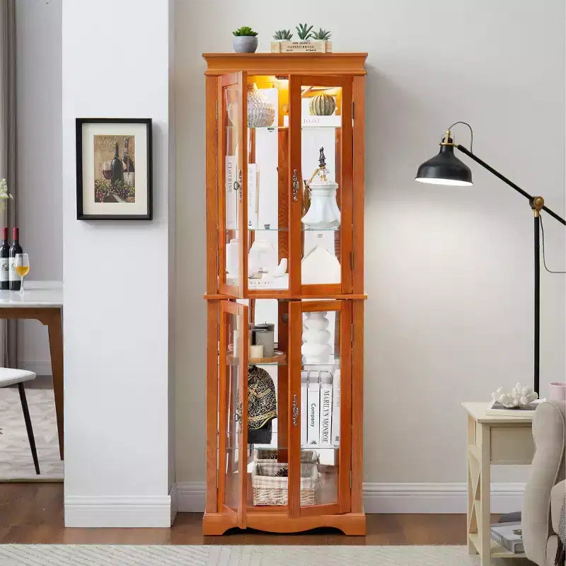 Vitrine d'exposition en verre éclairée avec cadre en bois - Rangement élégant en verre pour vins, jouets et objets de collection - Parfait pour le salon, la cuisine - CHÊNE
