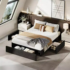 Acekool Platform Bed Frame with 3 Storage Drawers, Wood Slats, No Box Spring, Modern Linen Upholstery