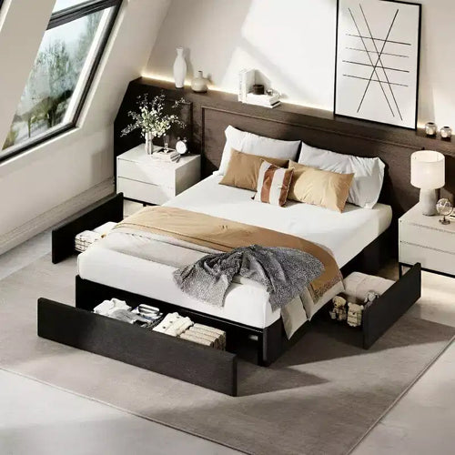 Acekool Platform Bed Frame with 3 Storage Drawers, Wood Slats, No Box Spring, Modern Linen Upholstery