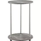 Table d'appoint ronde à deux niveaux HomeStock Belmont avec pieds en acier inoxydable, étagères robustes en panneaux de particules et style moderne contemporain.