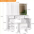 COZONY Coiffeuse Moderne, Table de Maquillage 7 Tiroirs avec Grand Miroir LED, Luminosité Réglable, Tabouret Rembourré et Rangement Caché, Blanc Marbre