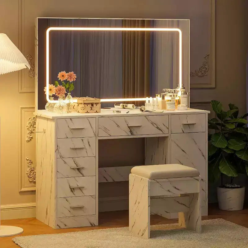COZONY Coiffeuse Moderne, Table de Maquillage 7 Tiroirs avec Grand Miroir LED, Luminosité Réglable, Tabouret Rembourré et Rangement Caché, Blanc Marbre
