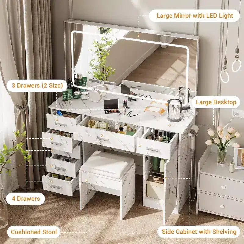 COZONY Coiffeuse Moderne, Table de Maquillage 7 Tiroirs avec Grand Miroir LED, Luminosité Réglable, Tabouret Rembourré et Rangement Caché, Blanc Marbre