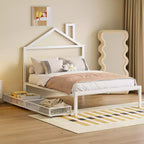 Lit double Bellemave pour enfants, lit double en métal avec tiroir pour garçons, filles, cadre de lit double avec tête de lit en forme de maison, lit cabane double, blanc