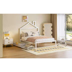 Lit double Bellemave pour enfants, lit double en métal avec tiroir pour garçons, filles, cadre de lit double avec tête de lit en forme de maison, lit cabane double, blanc