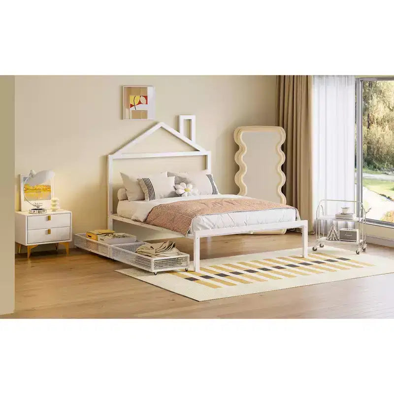 Lit double Bellemave pour enfants, lit double en métal avec tiroir pour garçons, filles, cadre de lit double avec tête de lit en forme de maison, lit cabane double, blanc