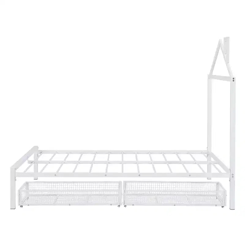 Lit double Bellemave pour enfants, lit double en métal avec tiroir pour garçons, filles, cadre de lit double avec tête de lit en forme de maison, lit cabane double, blanc