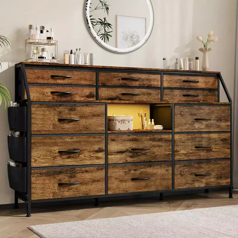 Commode noire et blanche pour chambre à coucher, commode moderne de 140 cm de large avec meuble TV, organisateur à 14 tiroirs en tissu, grande armoire de rangement pour vêtements pour couloir, salon