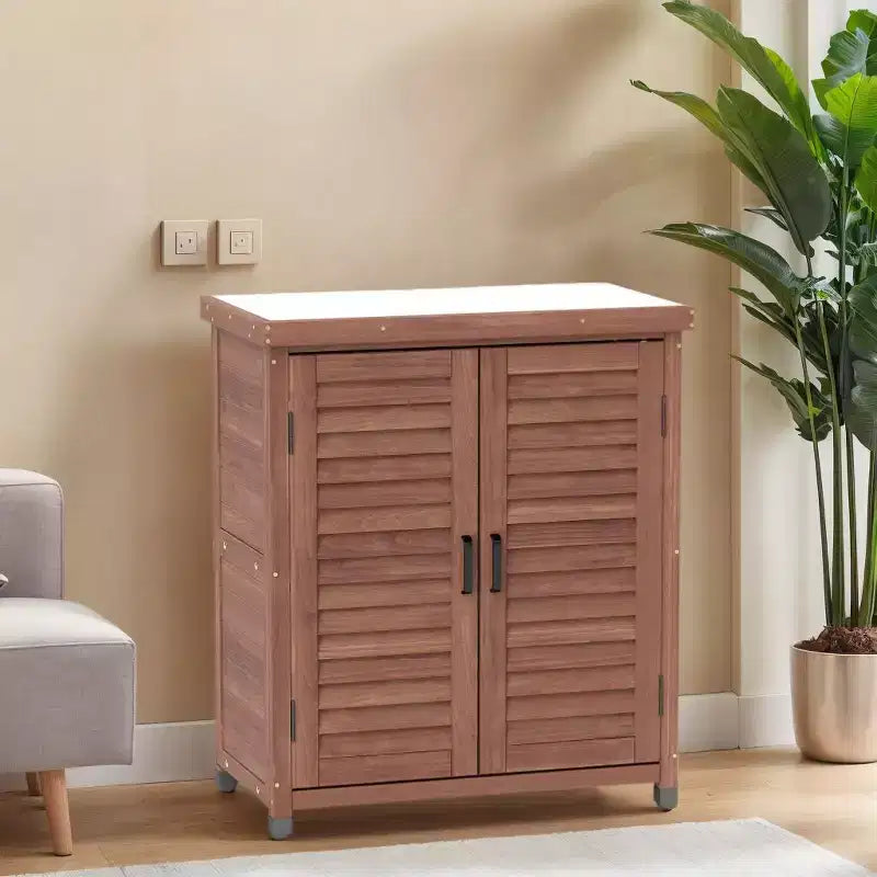 Meuble de rangement Okak avec établi de jardinage, meuble de cuisine avec 2 portes et 2 étagères, meuble bas pour salon, salle à manger, cuisine