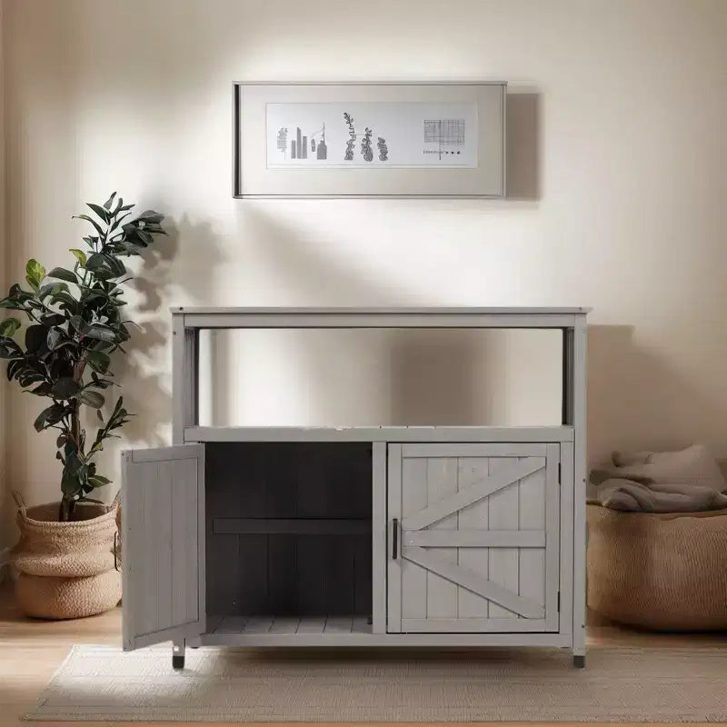 Meuble de rangement Okak avec établi de jardinage, meuble de cuisine avec 2 portes et 2 étagères, meuble bas pour salon, salle à manger, cuisine